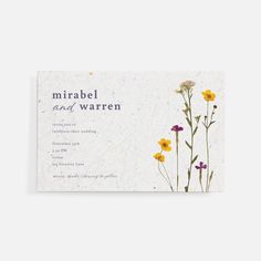 a card with wildflowers and the words mirabel and warnen on it