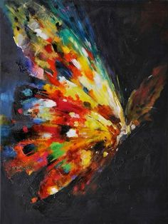 a painting of a colorful butterfly on a black background