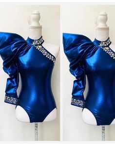 two pictures of a blue bodysuit on a mannequin