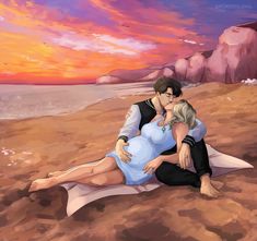 a painting of a couple kissing on the beach with sunset in the backgroud