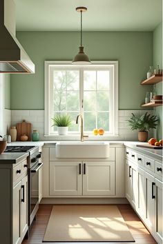 Airy kitchen with sage green color scheme Light Sage Green Kitchen Walls, Light Sage Kitchen Walls, Farmhouse Green Kitchen Walls, Pastel Green Kitchen Walls, Small Sage Green Kitchen, Sage Green Kitchen Ideas Farmhouse, Light Green Farmhouse Kitchen, Green Kitchen Accent Wall, Small Kitchen Green Walls