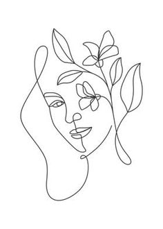 a line drawing of a woman's face with leaves on her head