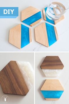 some wood and blue glass pieces on top of a white table with text overlay that says diy