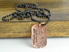 "Personalized Gifts for Him - Personalized Necklace - Bible Verse Necklace - Religious Gifts - Gift For Men - Mens Dog Tag Necklace this listing includes: one stainless steel black ball chain one copper dog tag - dimensions are 1.25\" x 75.\" When PLACING AN ORDER, please include the following information in the 'personalization box." Mens Dog Tag Necklace, Verse Necklace, Personalized Gifts For Him, Bible Verse Necklace, Necklace Mens, Personalised Gifts For Him, Copper Chain, Men's Necklace, Religious Gifts