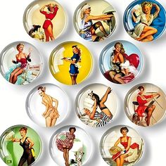 a collection of pinback buttons depicting women in swimsuits and bathing suits, from the 1950's to the 1960s's