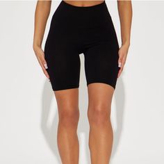 New With Tags Black Biker Shorts Black Fitted Mid-thigh Length Shorts, Black Stretch Biker Shorts For Summer, Black Compression Biker Shorts Casual Style, Black Athleisure Bottoms Above Knee, Trendy Black Shorts For Workout, Black Above Knee Athleisure Bottoms, Black Above Knee Workout Bottoms, Black Above-knee Workout Bottoms, Black High Stretch Biker Shorts