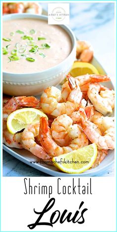 shrimp cocktail with lemon and garnish served on a white plate next to a bowl of soup