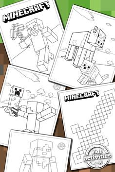 four minecraft coloring pages on a table