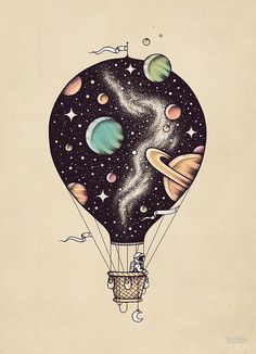 an illustration of a hot air balloon with planets and stars on it's side