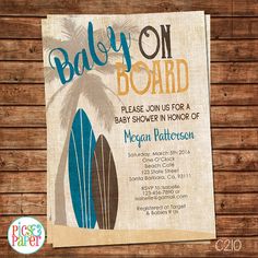 a baby on board shower party is shown with a surfboard and palm tree in the background