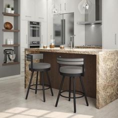 two stools are in front of the kitchen island