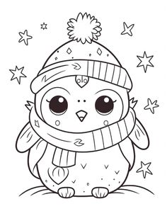 an owl wearing a winter hat and scarf with stars around its neck, sitting on the ground