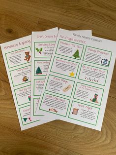 three printable christmas activities on a wooden table