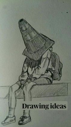 a drawing of a person sitting on a bench with a hat over their head,