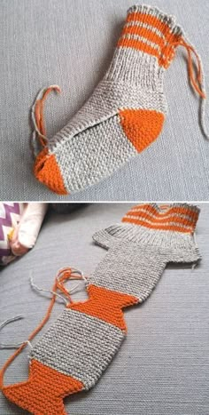 two pictures of socks with orange and gray stripes on them, one is made from yarn