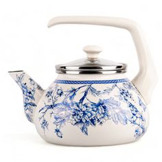 a blue and white tea pot with a handle on the top is sitting in front of a white background