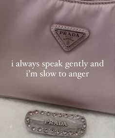 a pink prada bag with the words i always speak gently and i'm slow to anger