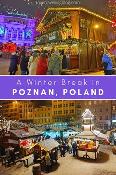 people are standing around in front of a building with christmas lights on it and the words, a winter break in pozann, poland