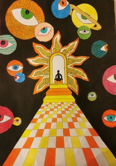 an art work with different colored eyes and a person standing in front of a doorway