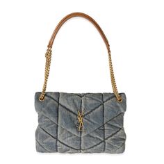 a handbag with a chain strap and a small bag on the front, in grey fabric