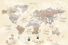 a world map with animals on it