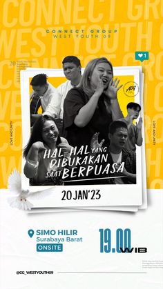 the poster for an upcoming concert with two women and one man in black, yellow and white