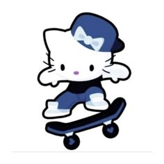 a hello kitty skateboarding with a bow on it's hat and blue pants