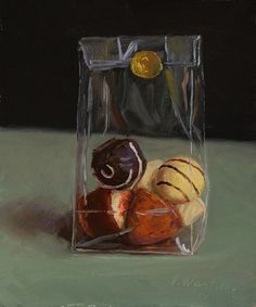 a painting of some fruit in a glass container