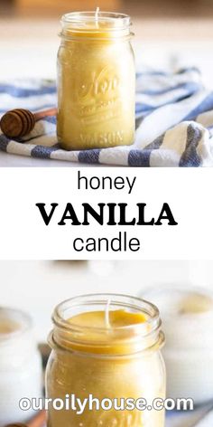 honey vanilla candle in a mason jar with the words, honey vanilla candle on it