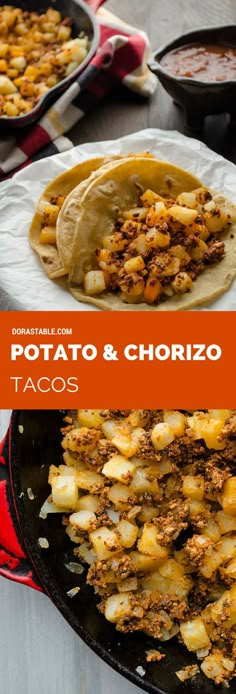 some tacos are sitting on a table with other dishes in the background and text overlay that reads potato & chorizo tacos