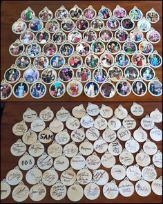 several different pictures are on the table with many names and numbers in each one circle