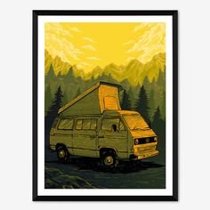 an old van parked in front of mountains