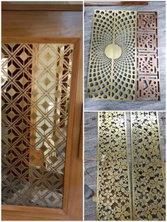 four different views of an open door with decorative designs on the sides and inside doors