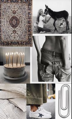 black and white collage with various items including shoes, rugs, jeans pants