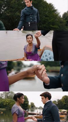 two people holding hands in front of the camera and another person standing on a boat