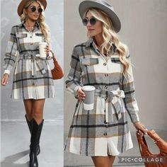 Brand New Woolen Gray Black Tan Stripes Flannel Shirt Dress Plaid Button Down Belted White Long Sleeves Brand New Without Tags In Bag Excellent Condition- No Visible Flaws Ships In 5-10 Days Can Be Worn As A Dress Or Shacket (Just Remove Belt) Soft, Cozy, And Warm Medium Thickness- Great For Fall Chest Pockets Collar Longline Machine Washable Adjustable Belt Polyester Leave A Comment Below If Any Questions! Other Listings: Boho, Bohemian, Anthropologie, Free People, Johnny Was, Antique, Ancient, White Fall Shirt Dress For Work, White Shirt Dress For Fall Workwear, White Shirt Dress For Workwear In Fall, Casual Fall Button-up Shirt Dress, Fall Collared Shirt Dress With Buttoned Pockets, Winter Casual Shirt Dress With Buttons, Casual Winter Shirt Dress With Buttons, Casual Buttoned Shirt Dress For Winter, Casual Shirt Dress With Buttoned Pockets For Fall