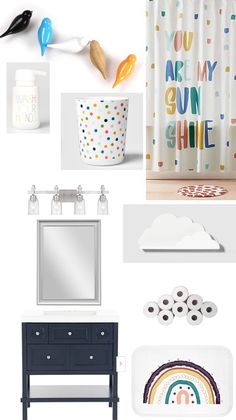 the bathroom is decorated in white, blue, and rainbow colors with lots of accessories