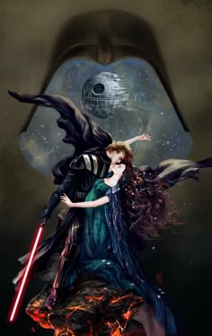 a star wars fan art with a woman and a darth vader on her back