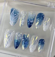 Jelly Nail Inspiration, Water Nail Art Design, Under Water Nails, Under The Sea Nails Acrylic, Sea Witch Nails, Icy Blue Nail Designs, Water Theme Nails, Mermaid Theme Nails, Japanese Jelly Nails