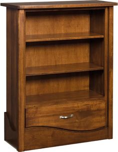 a wooden bookcase with two shelves and one drawer