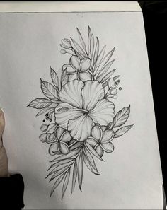 a drawing of a flower on paper with pencil and ink in the process of being drawn