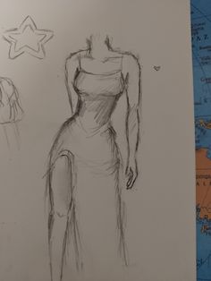 a drawing of a woman standing in front of a world map and wearing a dress