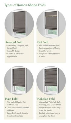 four different types of roman shades with instructions on how to use them in the window