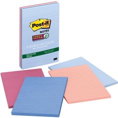 four post - it notes with pink and blue lined paper on each side, sitting next to each other