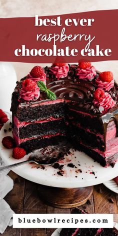 the best ever raspberry chocolate cake on a plate with one slice cut out