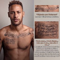 an image of a man with tattoos on his chest and arm, showing the names of different people