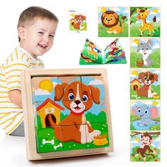 a young boy holding up a wooden puzzle with pictures of dogs and animals on it