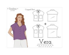 "Kimono sleeve shirt pattern by Coralina Patterns. This satin button-up shirt is simple to make. It comes with optional front pockets and two-length versions. *Please note*: I provide SHORT SEWING INSTRUCTIONS as shown on the images. I also provide a list of all the sewing techniques needed to complete this project. Unfortunately, I can't provide a full, in detail, step-by-step construction tutorial. **This pattern is in ENGLISH** This PDF pattern comes in sizes 34 to 46 (US sizes 4 to 16, please check the measurements on the images above). This PDF pattern offers immediate download (forget waiting for the mailman!) and can be printed on A4 / US Letter format at home or in the office. It also comes in the A0 format for copy shops.  **Please check the measurement charts before cutting your Cowgirl Halloween Costume, Satin Button Up, Kimono Shirt, Sewing Instructions, Letter Format, Sewing Pattern Sizes, Halterneck Dress, Kimono Sleeve, Ruffle Skirt