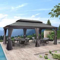 a gazebo sitting on top of a wooden deck next to a swimming pool with chairs and tables