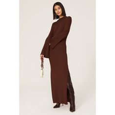 Brown rib knit (65% Rayon, 35% Nylon). Sweater sheath. Mock neck. Long sleeves. Pull-on. 54.5" from shoulder to hemline. Imported. Long Ribbed Sweater Dress For Fall, Fall Bodycon Turtleneck Sweater Dress, Fall Turtleneck Bodycon Sweater Dress, Ribbed Workwear Dresses For Fall, Fall Ribbed Workwear Dresses, Chic Sweater Dress With Ribbed Neckline For Fall, Ribbed Brown Sweater Dress For Fall, Brown Ribbed Sweater Dress For Fall, Ribbed Stretch Dresses For Fall